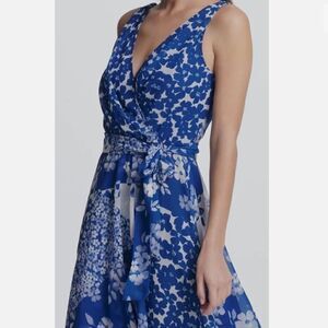 Dkny Women's Blue Mixed Floral Jersey Chiffon V-Neck Midi Wrap Dress Sz-2